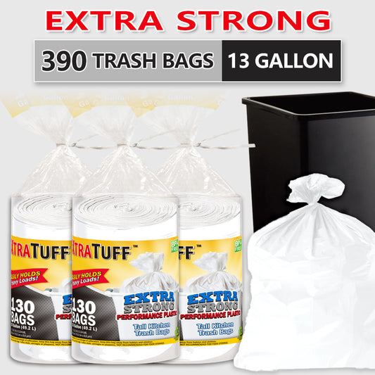 13 Gallon Disposable Garbage Bags, Plastic Household Bin Liners with 390-Bag Selection Label for Kitchen, Bedroom, Living Room and Bathroom Cleanup
