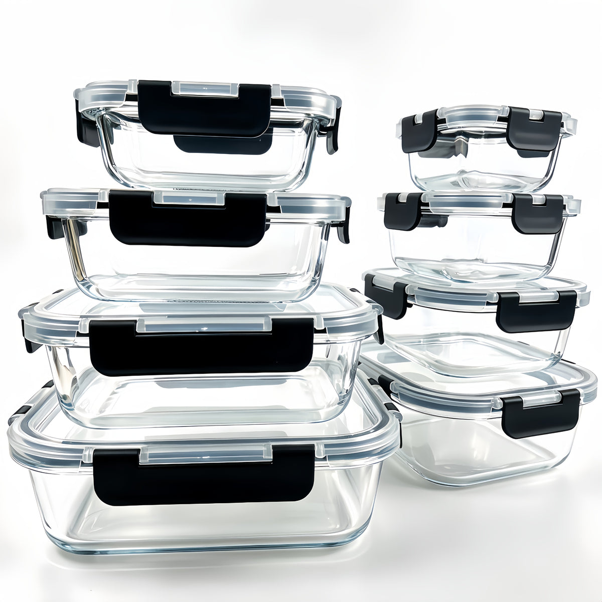 16-Piece Glass Food Storage Set with 8 Containers and 8 Matching Lids, Pink Ear-Buckle, Green or Black Ear-Clip Options for Lunch Portions and Picnic Meals