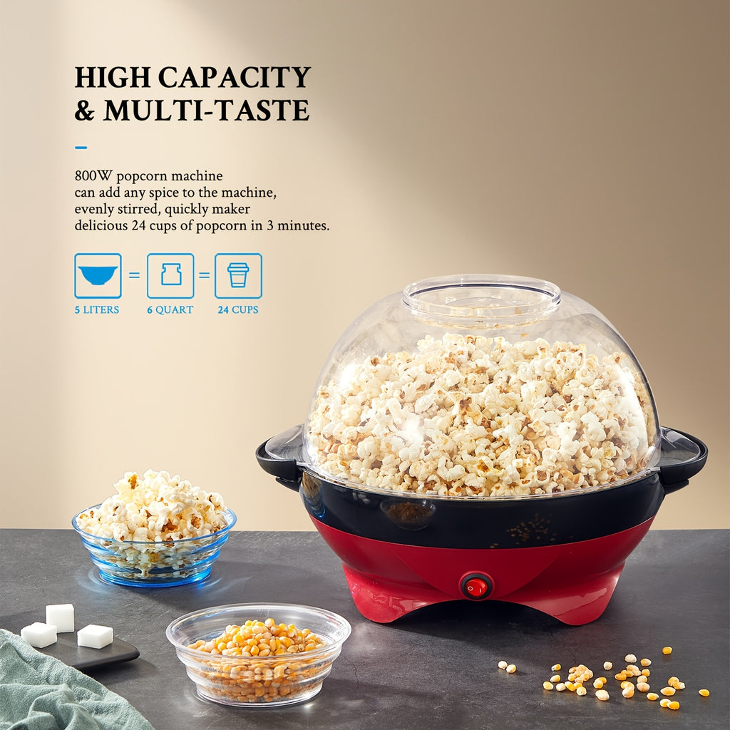 Electric Stirring Popcorn Maker with Listed 800W Power and 6-Quart Capacity, Removable Nonstick Plate and Serving Bowl Lid in Red or Black for Home Movie Nights
