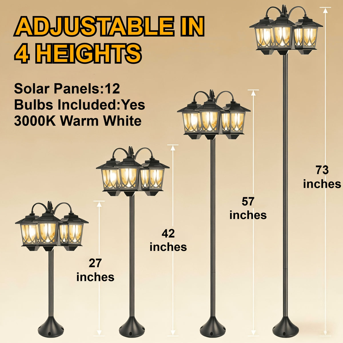 Solar Outdoor Post Light in Black with Three Heads, Warm White Edison Bulbs and Listed 73-Inch Adjustable Height, Single Concrete-Mounted Lamp for Patio Decor