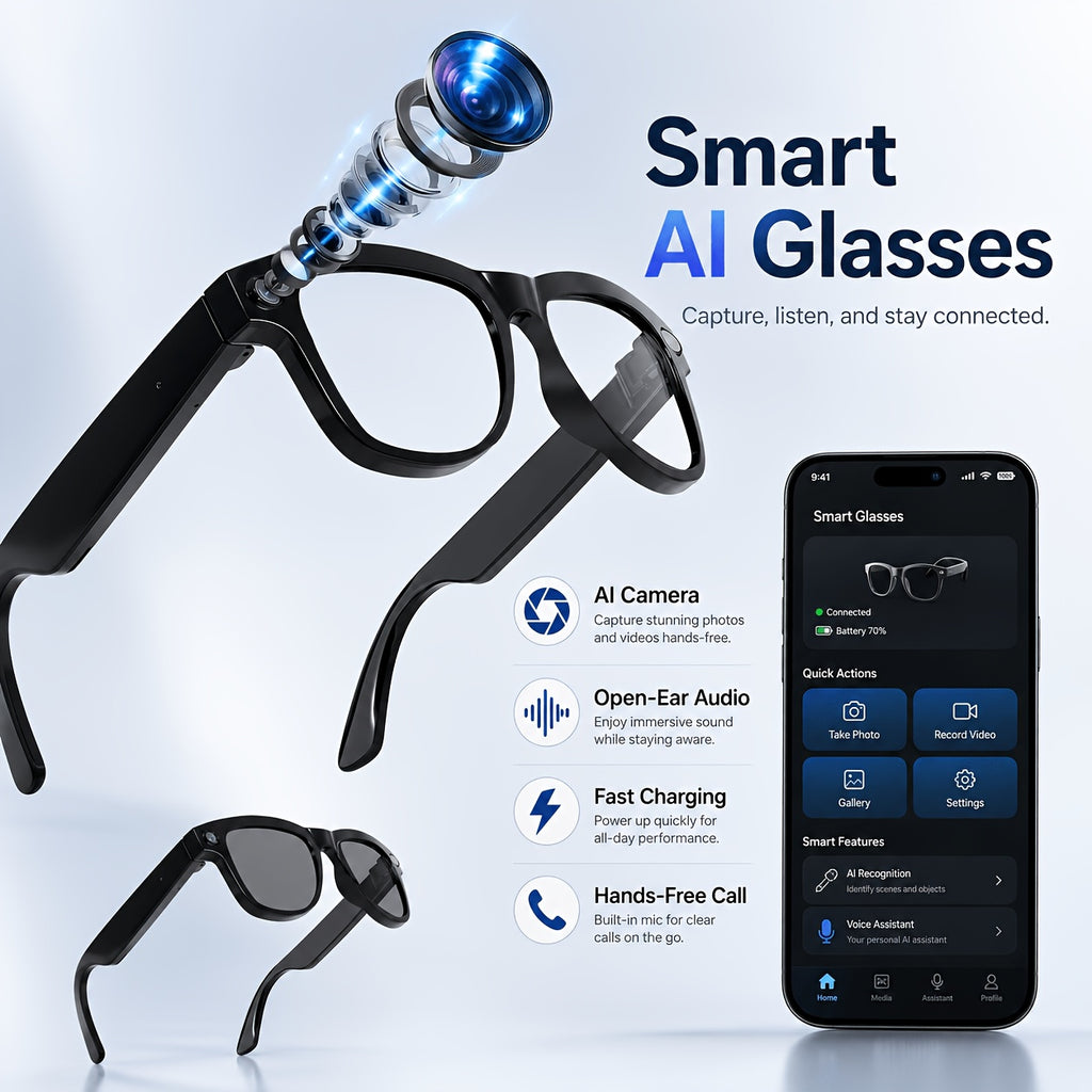 Camera Glasses by KLZO with Listed 13MP Imaging, Wireless Smart Eyewear for Photo, Video and Audio Recording, Music and Translation Features