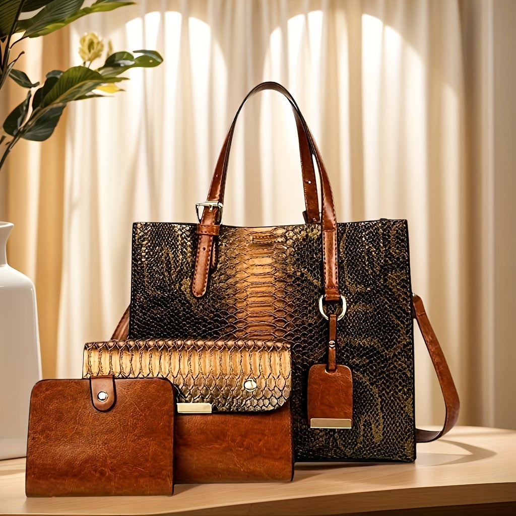 Crocodile-Pattern Handbag Set for Women with Listed Three-Piece Satchel and Tote Styling, Six Color Options for Everyday Outfits, Office and Casual Occasions
