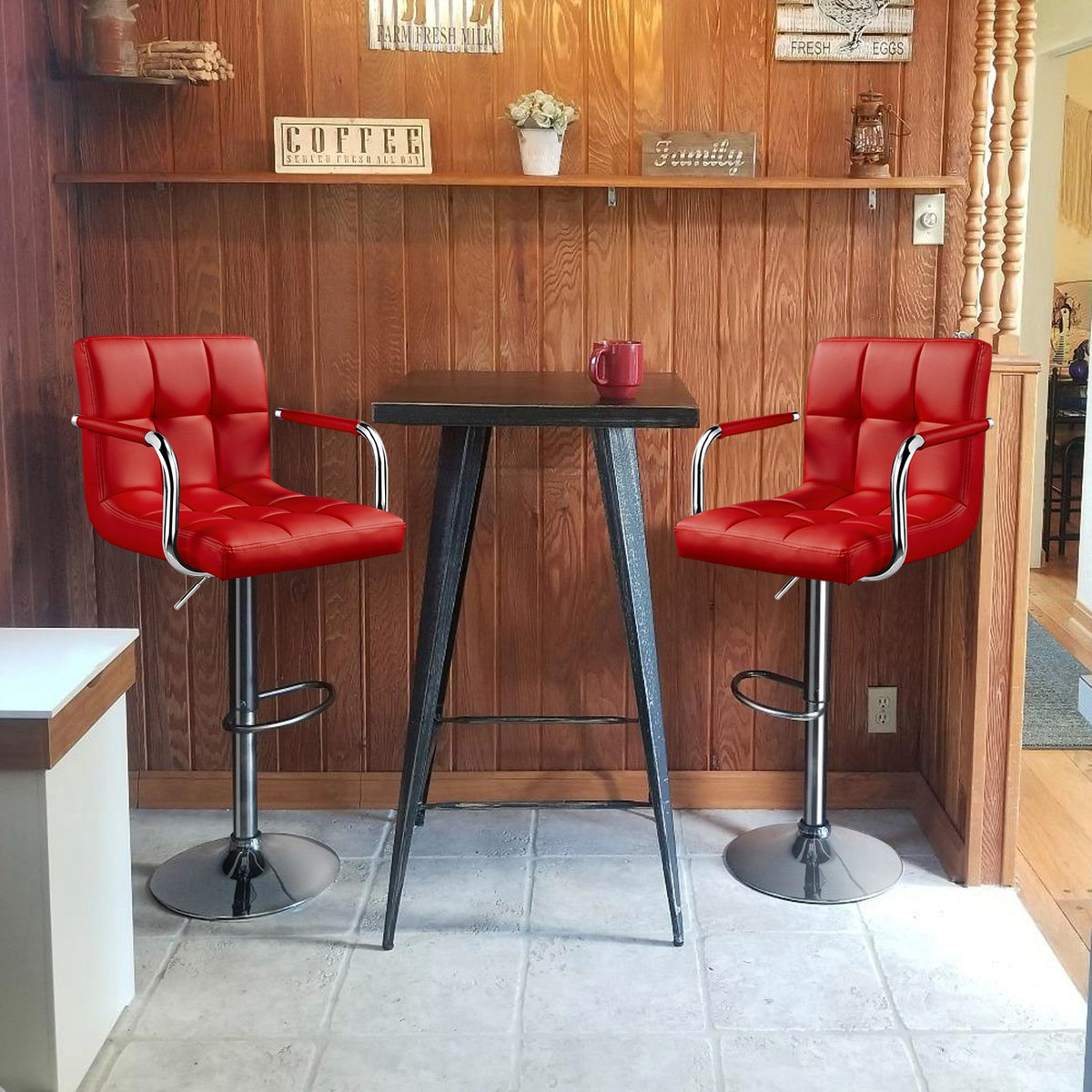 PU Leather Bar Stools Set of 2 by Costoffs, Adjustable Height and 360-Degree Swivel Seats with Backrests, Footrests and Steel Bases for Kitchen Islands