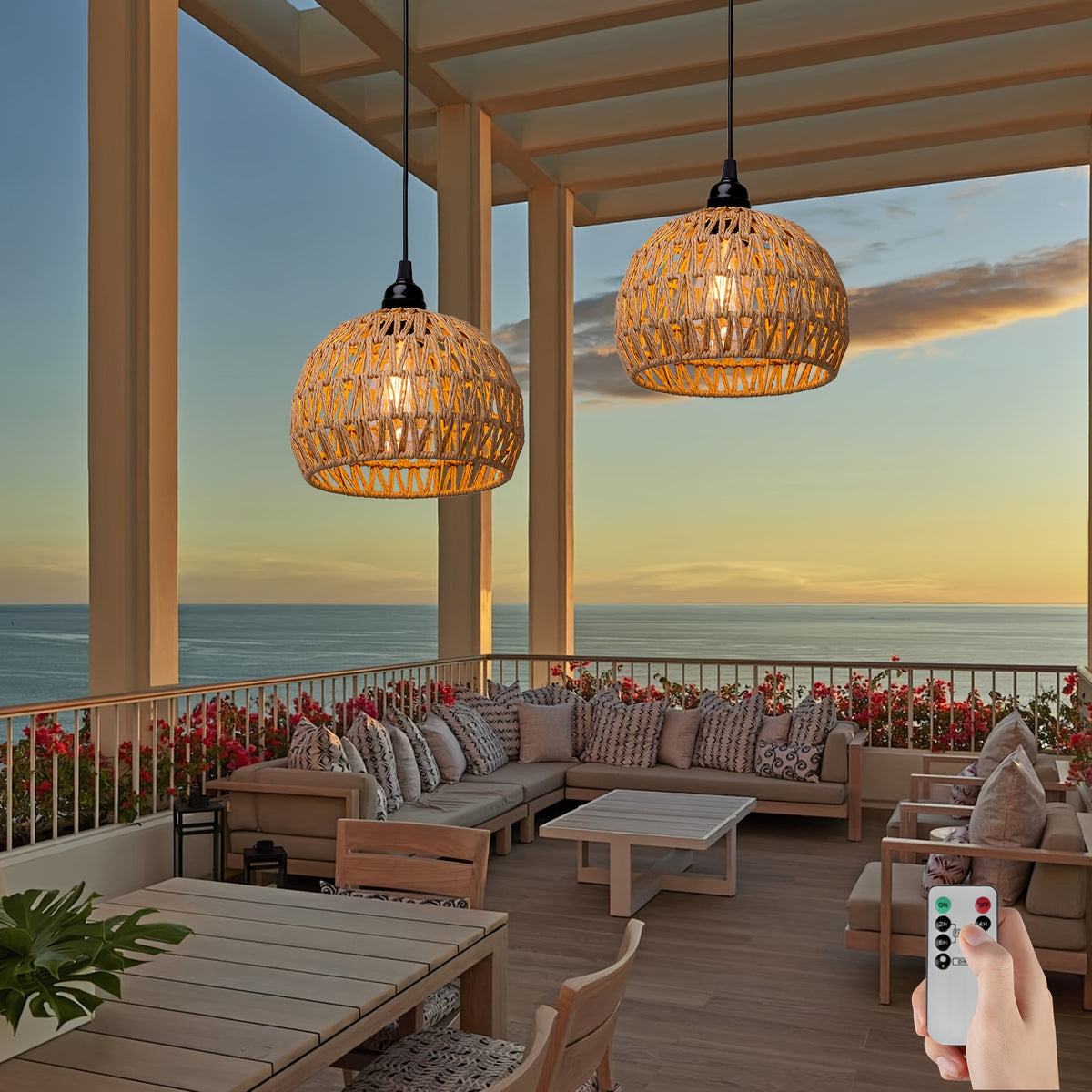 Battery Pendant Lights in a Two-Piece Woven Rattan-Style Set with Remote Control, Dimmable Warm White LED and Timer for Decorative Hanging Displays