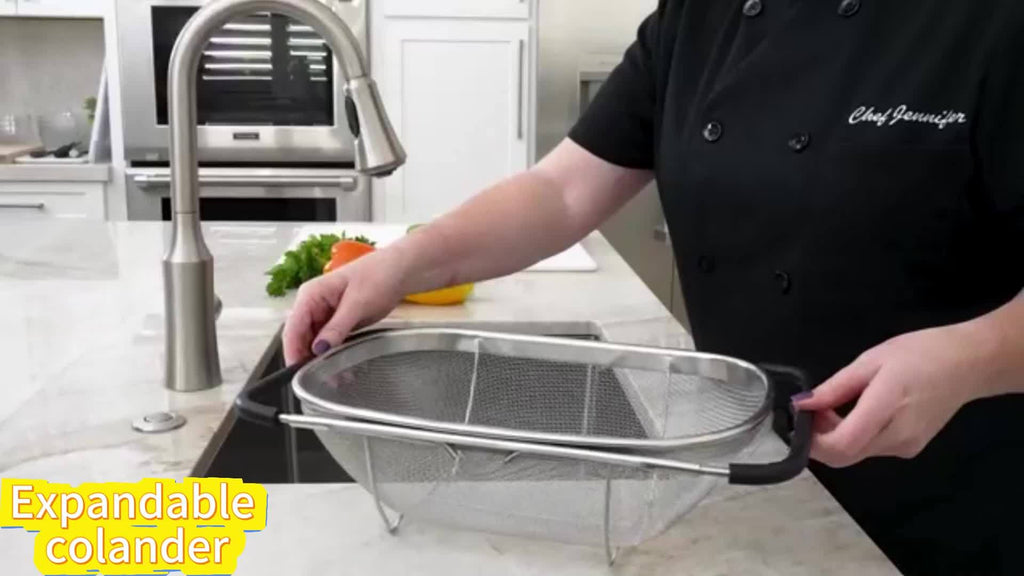 Adjustable Sink Colander Basket, One-Piece Kitchen Drain Rack with Stainless Steel Reference for Rinsing Vegetables and Draining Fruit in Compatible Sinks