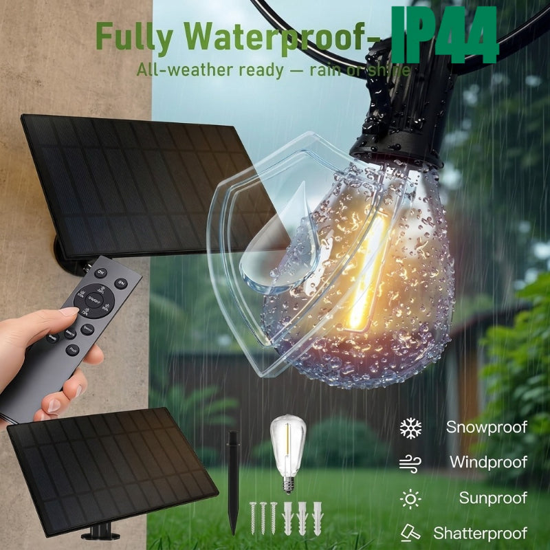 Solar Outdoor String Lights with Remote Control, Dimmable Warm ST38 LED Bulbs, Timer and 3 Lighting Modes for Patio, Garden, Wedding and Holiday Decor