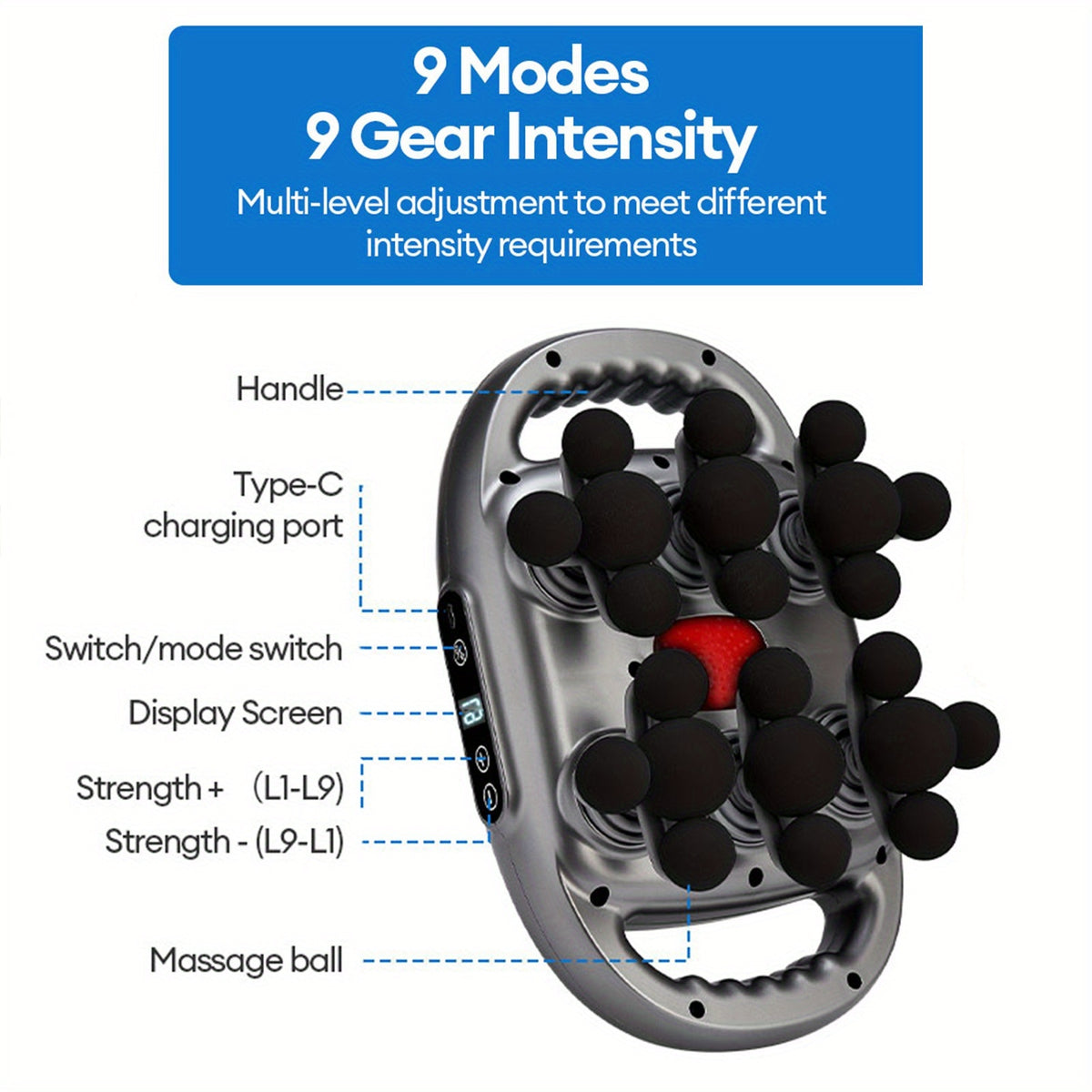 Nine-Mode Multi-Head Massage Gun with Nine Intensity Levels, USB-C Charging and Listed 10-Minute Timer, Grey, Gray 22-Head or 42-Head Model Options