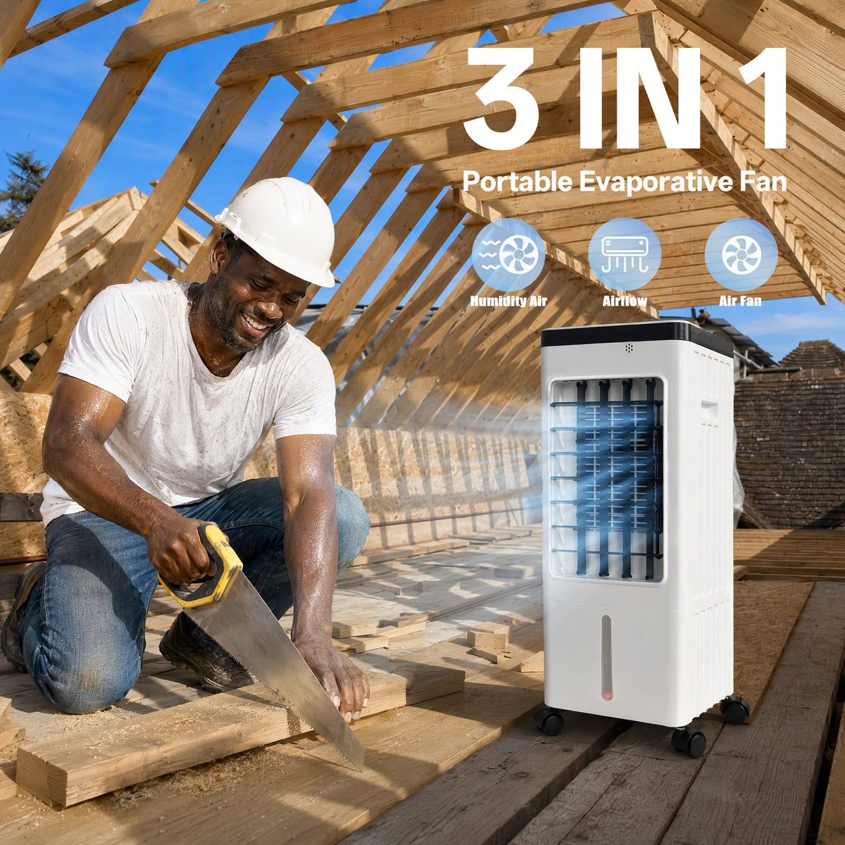 Three-in-One Air Cooler Fan in White with Listed Humidifier, Misting, Remote Control and Oscillation Features for Suitable Patio and Garden Lounging Areas