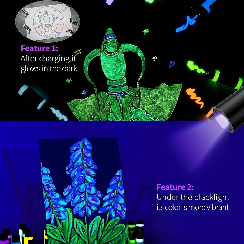 Glow-in-the-Dark Acrylic Paint in 10 Neon Colors with Listed UV-Reactive Effects and 60ml/2oz Wording for Rock Painting, Canvas Art and Seasonal Crafts