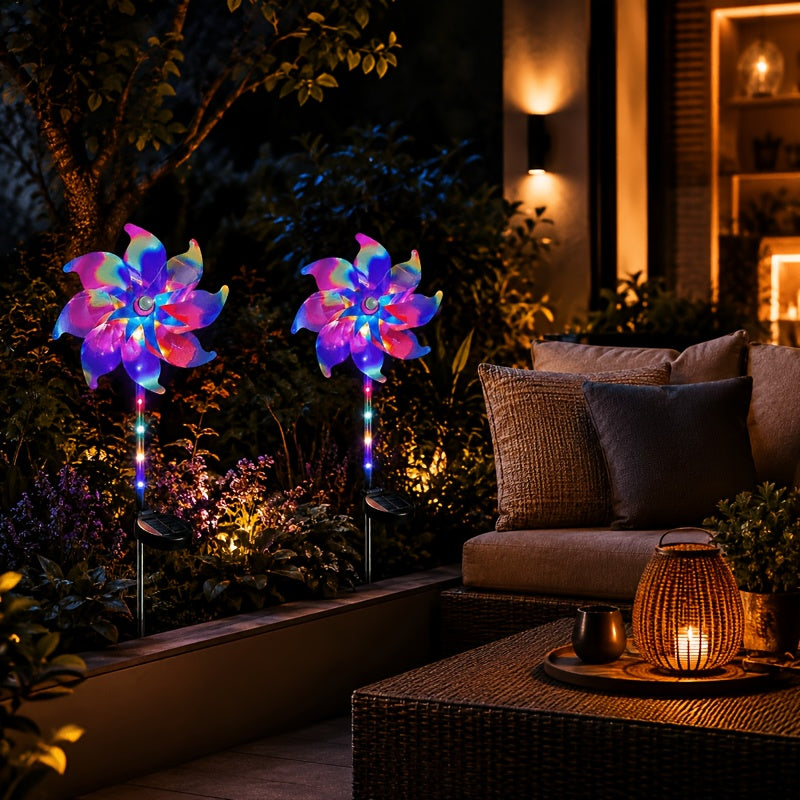 Solar Windmill Garden Lights 2-Pack with Color-Changing and 360-Degree Rotating Design, Colorful Purple or Blue Style Options for Patio and Path Displays