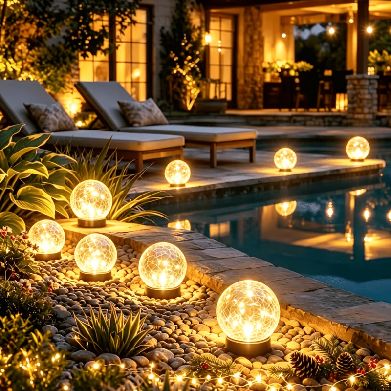Warm White Solar Crackle Glass Ball Lights with Ground Stake Wording, Four, Six or Eight-Piece Packs for Decorative Garden Borders, Patios and Event Displays