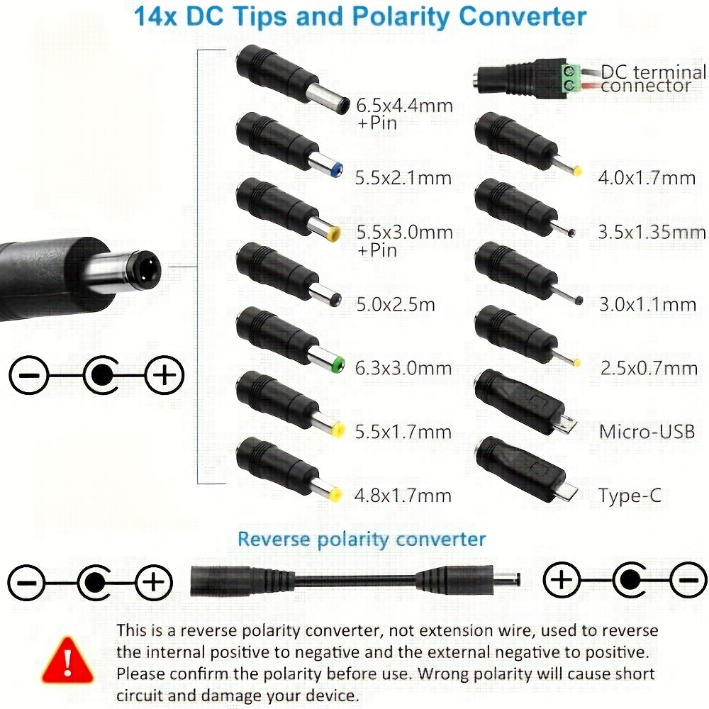36W Universal AC/DC Power Adapter Adjustable 3V-12V Power Supply with 14 Interchangeable Tips, Polarity Converter, Over-Current Protection for Household Appliances, LED Strips, Routers, Cameras, 3D Printers and Electronics