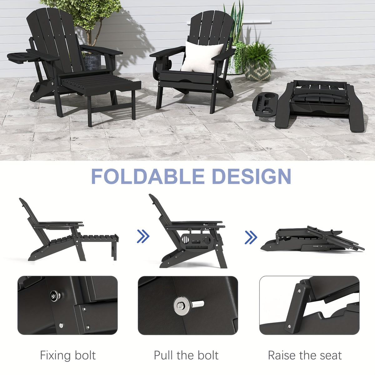 Adjustable Adirondack Chair by FOOWIN in HDPE for Patio, Lawn and Garden Seating, Single or Two-Chair Options with Selected Footrest-Free Configurations