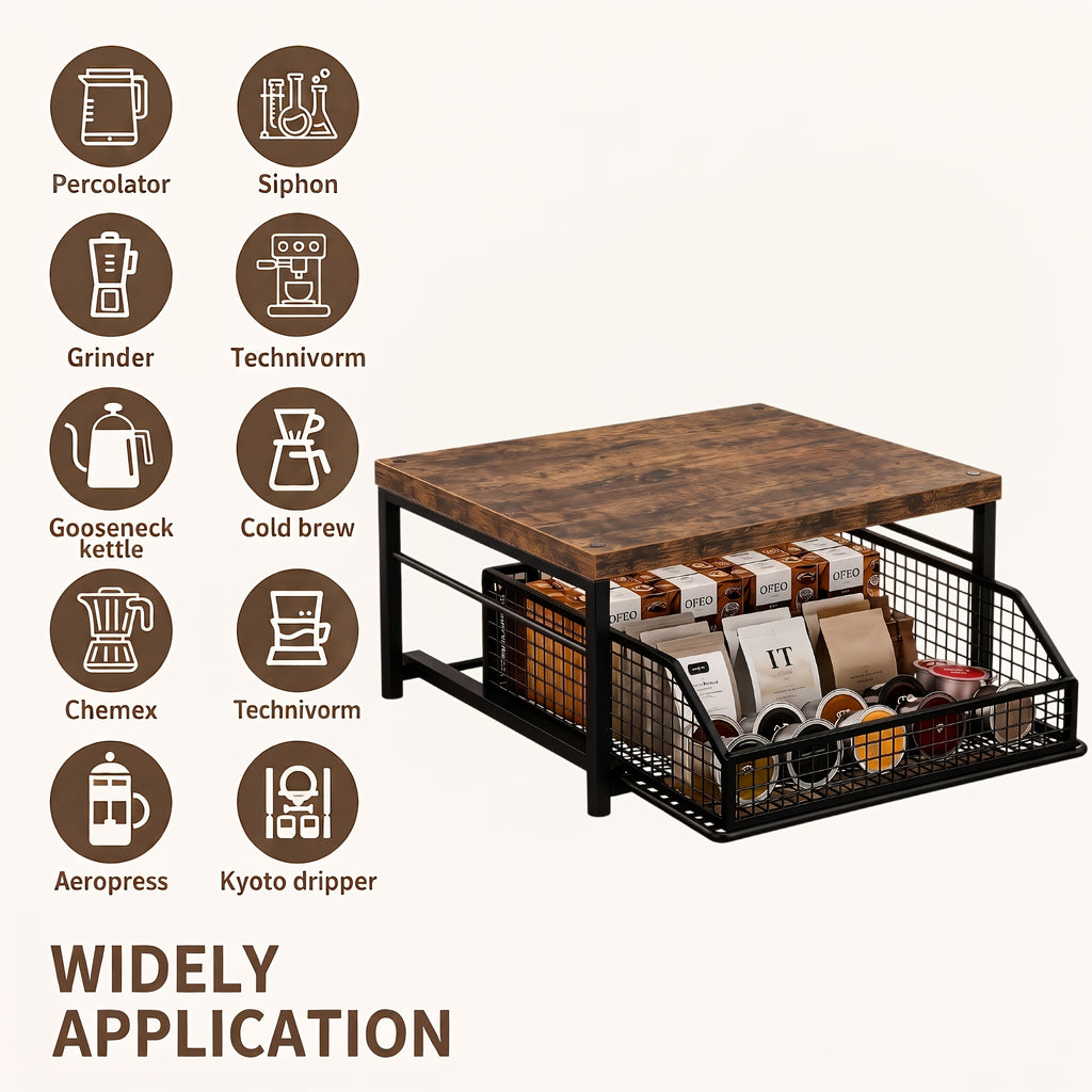 Coffee Pod Storage Drawer Stand, Modern Black Metal Countertop Shelf with Listed 70-Pod Capacity for Compatible Coffee Machines and Kitchen Accessories