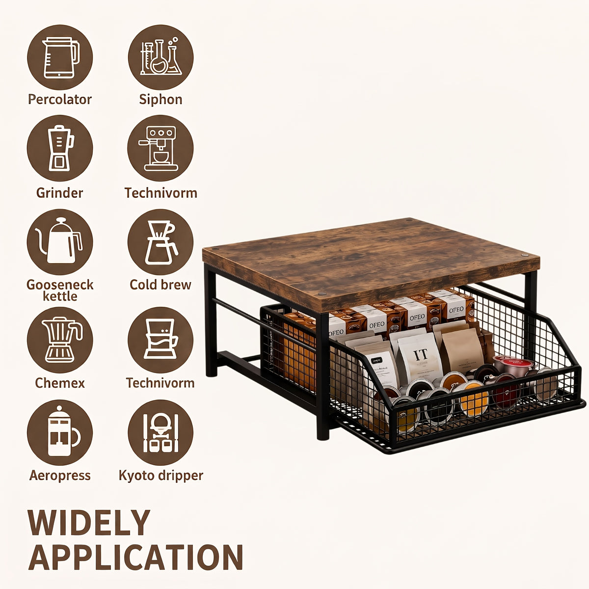 Coffee Pod Storage Drawer Stand, Modern Black Metal Countertop Shelf with Listed 70-Pod Capacity for Compatible Coffee Machines and Kitchen Accessories