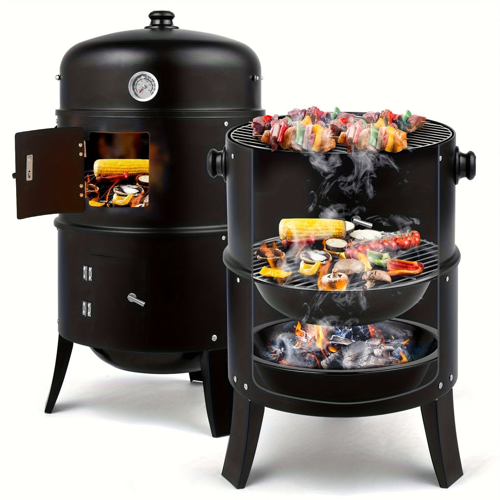 Portable Charcoal Smoker Grill with 3-in-1 Outdoor Cooking Design, Lid Thermometer, Adjustable Height and Top Air Vent, Black Standard or Upgrade Selection