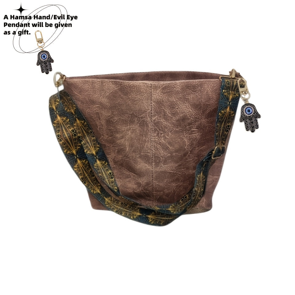 Bohemian Hobo Crossbody Bag for Women with Geometric Strap and Hamsa Hand/Evil Eye Pendant, Large-Capacity Retro Shoulder Handbag in 11 Colors
