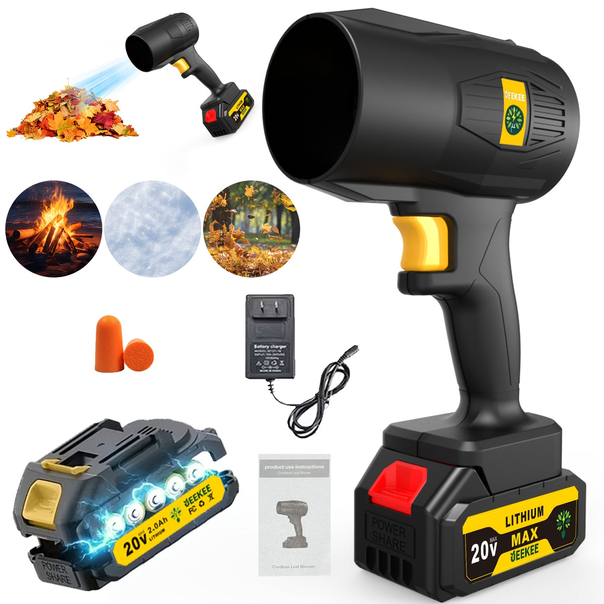 Turbine Cordless Leaf Blower with Listed 50000RPM Motor and 20V Wording, Black Single-Battery or Yellow Two-Battery Bag Options for Yard Cleanup