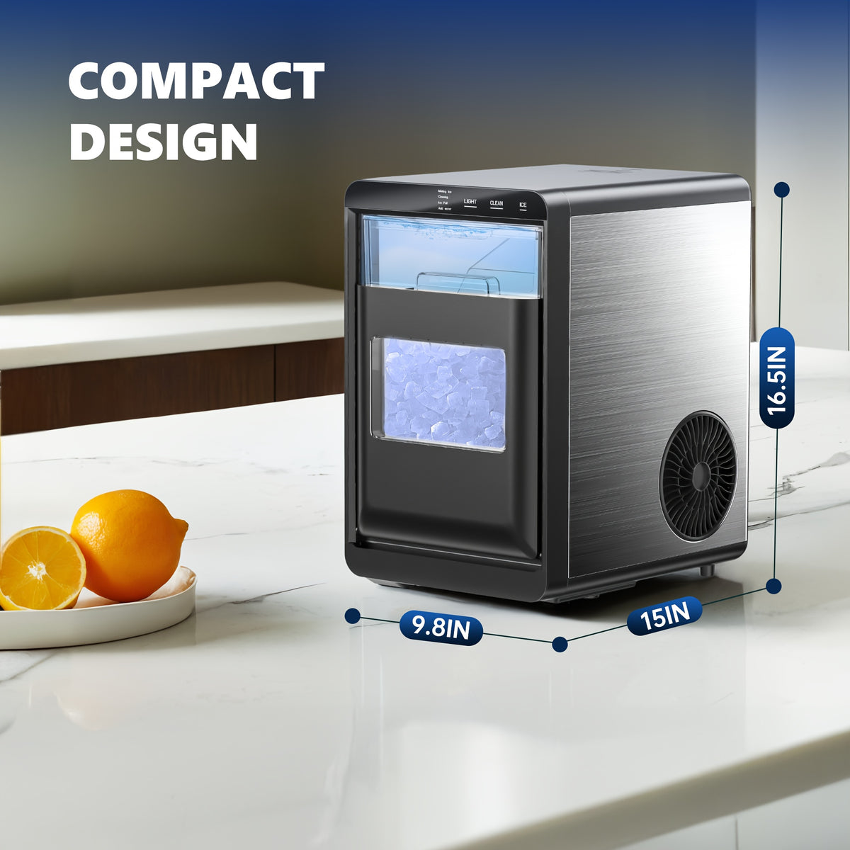 Lighted Countertop Nugget Ice Maker with Automatic Cleaning, Listed Black 37lb or Sliver 44lb Option Labels, Ice Scoop and Basket for Home Kitchen Drinks