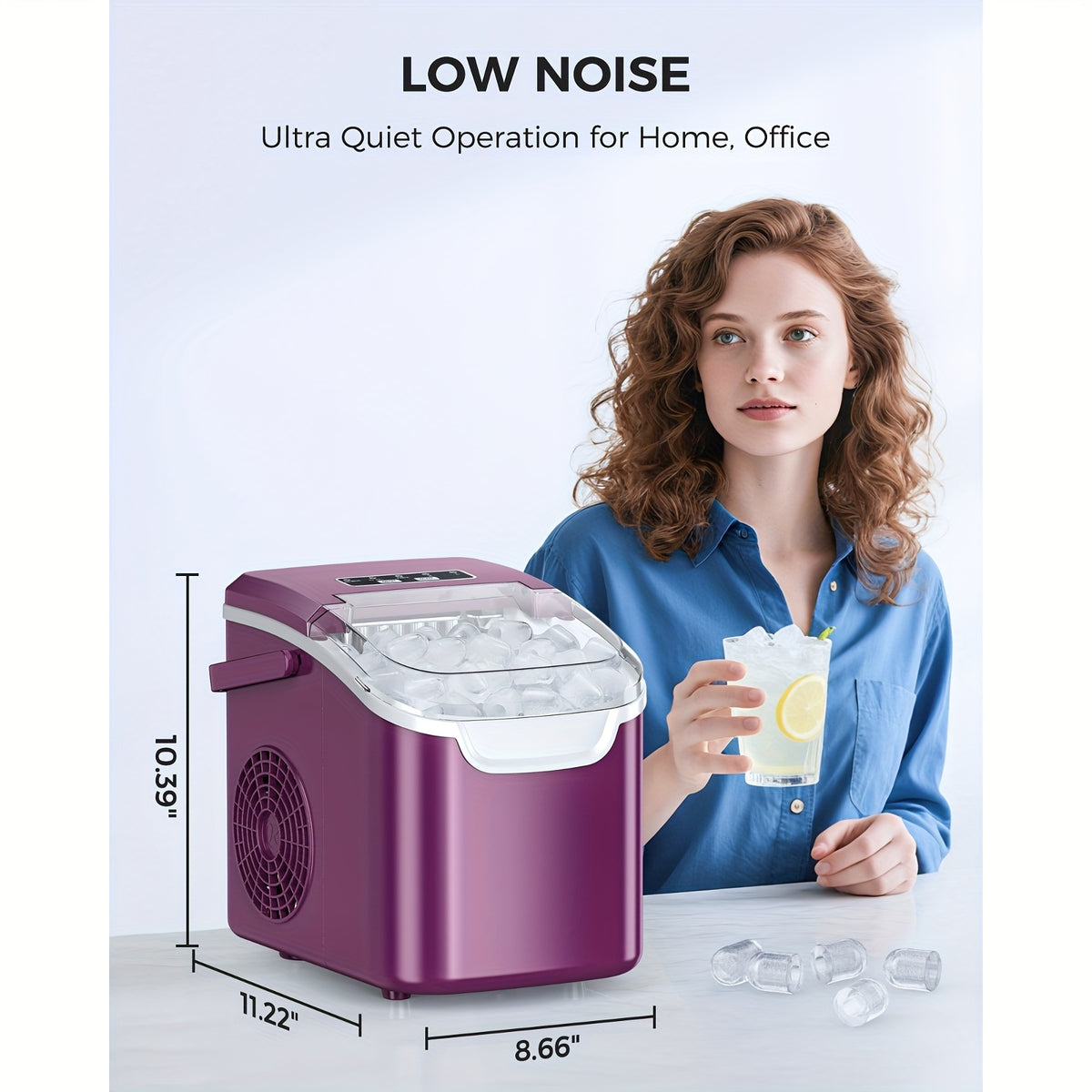 Handle-Equipped Countertop Ice Machine with Listed 26lb Daily Output, Six-Minute Ice Claim, Two Ice Sizes, Scoop, Basket and Self-Cleaning in Four Color Options