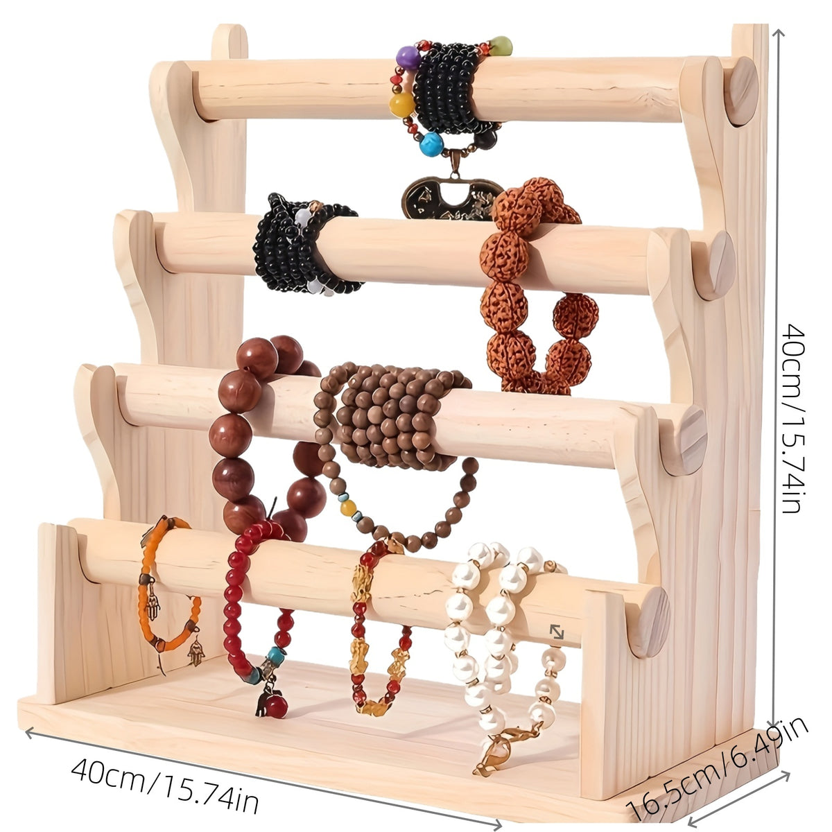 Wooden Bracelet Organizer, 4-Tier Vintage Jewelry Display Rack for Necklaces, Watches and Hair Ties, Desktop Storage for Dresser & Vanity