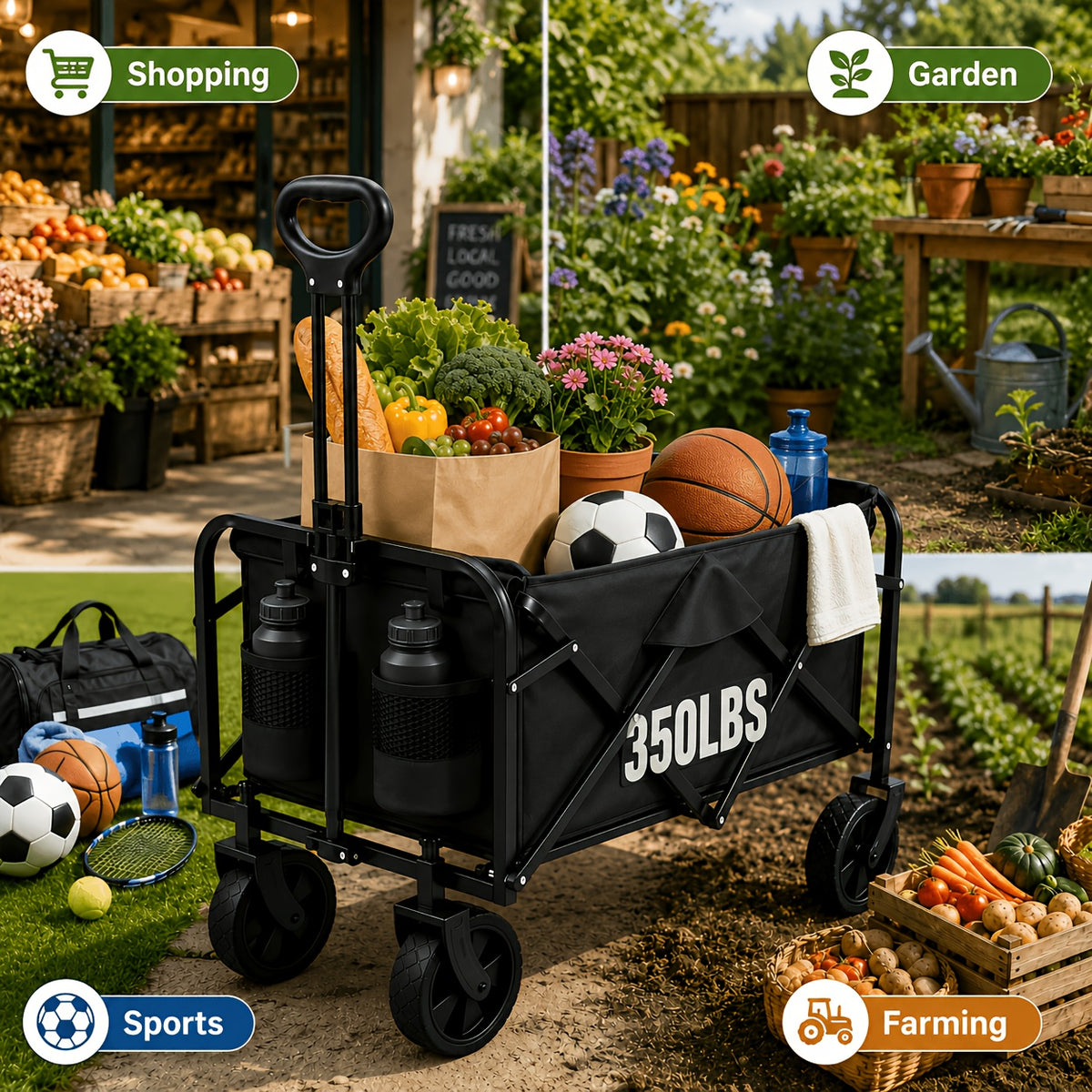 Small Folding Wagon in Black with 50LBS Model Label, Collapsible Utility Cart and Adjustable Pull Handle for Grocery, Garden Supply and Camping Gear Transport