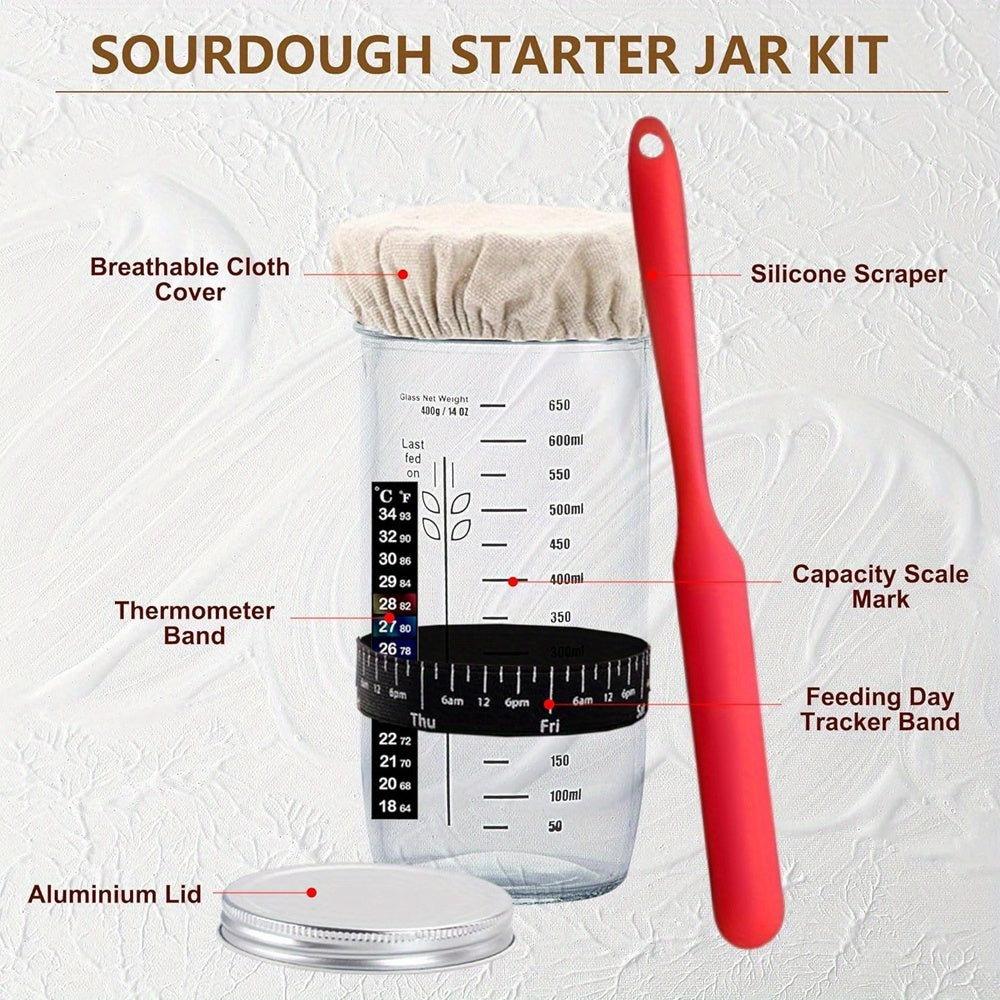 Sourdough Bread Baking Kit with 9-Inch Round Banneton Proofing Basket and Glass Starter Jar, Home Fermentation Supplies for Artisan Bread Making and Baker Gifts