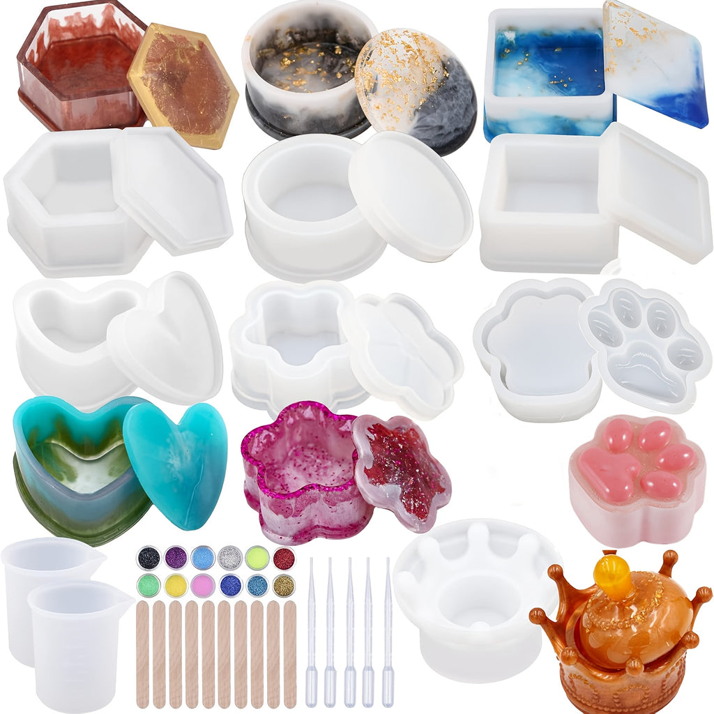 Silicone Resin Mold Kit with Mica Powder, 43-Piece Crown and Heart Shape Casting Set for DIY Jewelry Storage Boxes and Trinket Containers