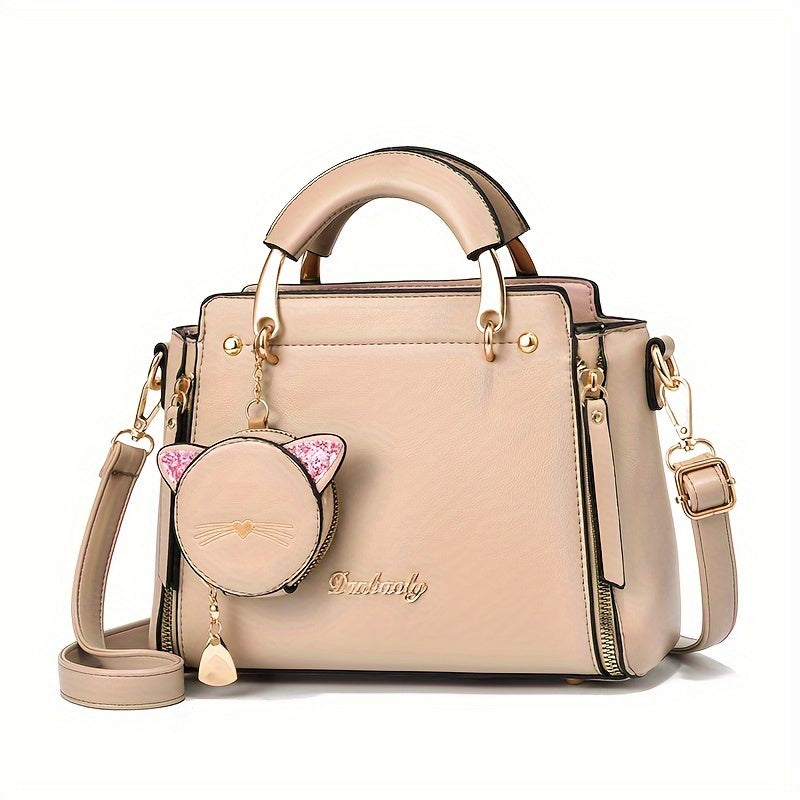 Mini Satchel Handbag with Kitten Pendant for Women, Top Handle Small Purse in Black, White, Pink, Purple, Khaki or Green for Coffee Dates and Casual Outings