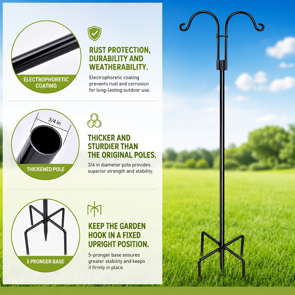 Double Shepherd Hooks for Garden, Listed Two-Piece 60-Inch Metal Pole Set with Five-Claw Bases and Adjustable Design for Bird Feeders, Hanging Baskets and Lanterns