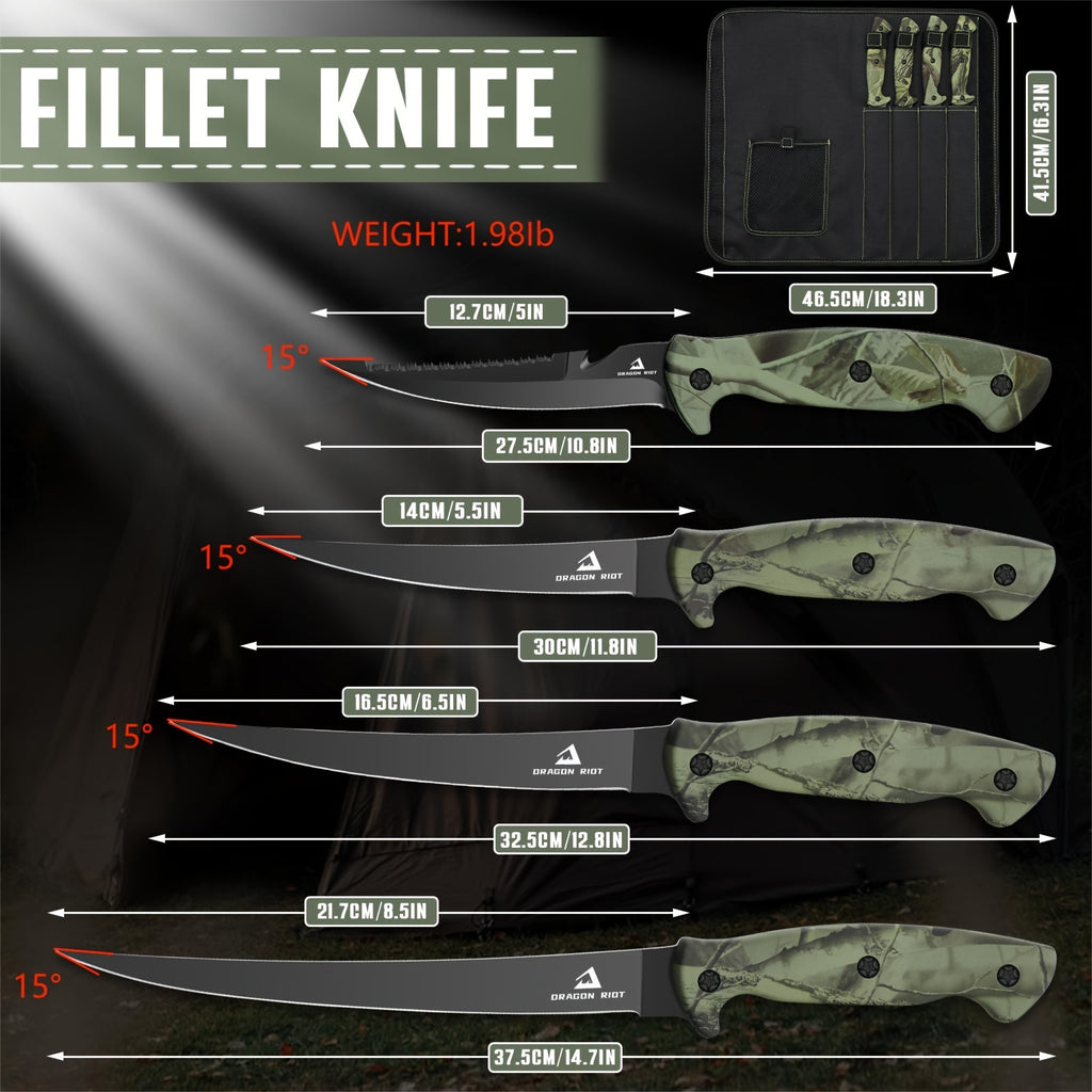 Fish Fillet Knife Set with 5, 6, 7 and 9 Inch Listed Blades, Stainless Steel Bait and Boning Tools with Carrying Bag, Sharpener and Optional Scissors Selection