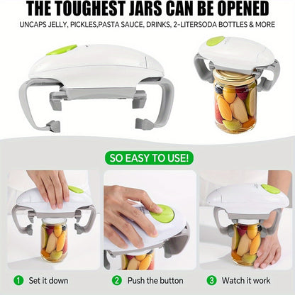 Electric Jar Opener with One-Touch Operation and Auto-Off, Cordless AA Battery-Powered Lid Opening Tool in Black-White for Everyday Kitchen Meal Preparation