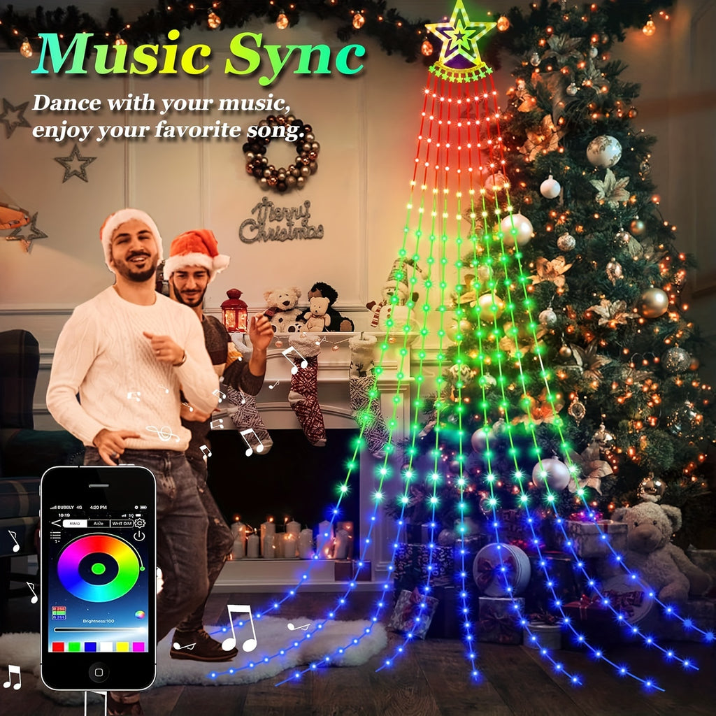 Waterfall Christmas Tree Lights with Star and Listed 350 LEDs, 11.8ft RGB Music-Sync Holiday Display with Remote, App Control, Timer and USB Power