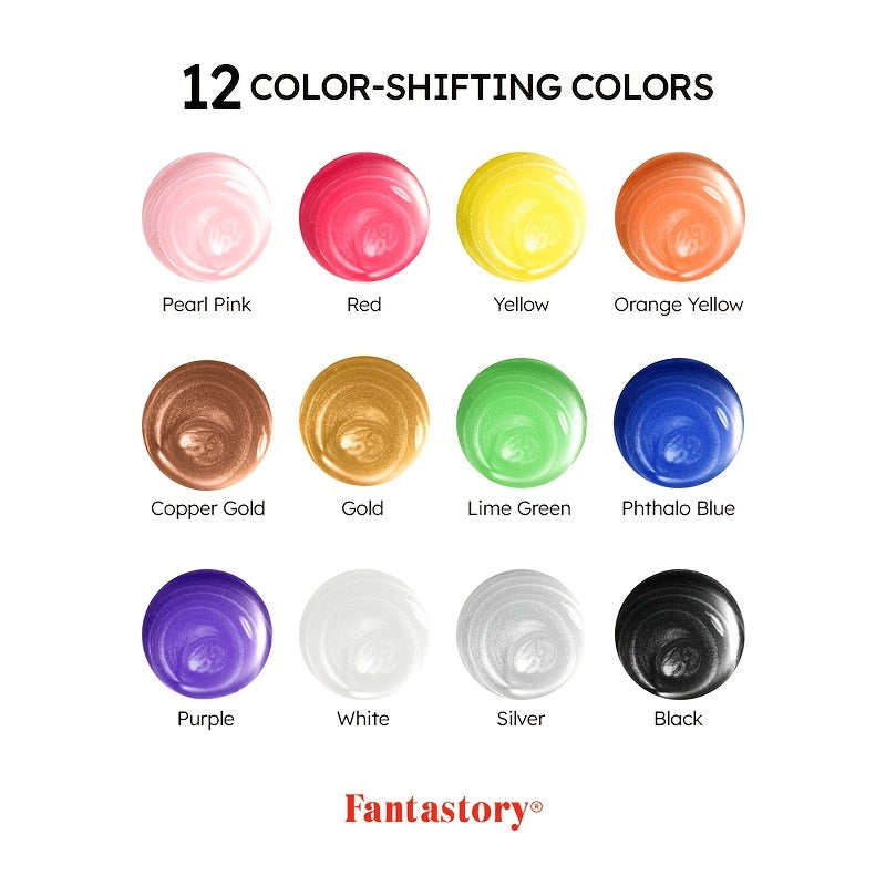 Metallic Iridescent Acrylic Paint Set by Fantastory, 12 Colors in 2oz Bottles with 12 Brushes for Color-Shifting Canvas, Wood, Rock and Ceramic Crafts