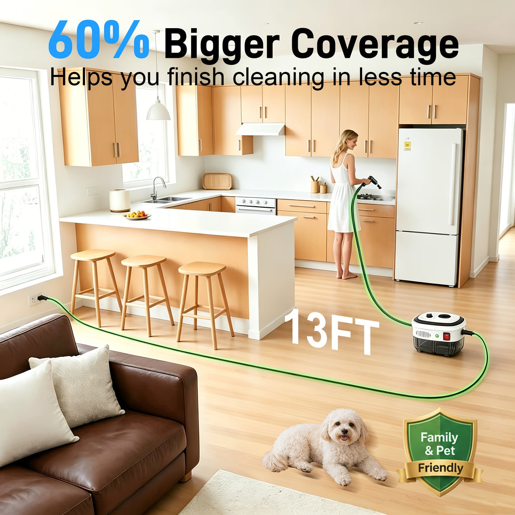 Portable Handheld Steam Cleaner with White 1200W Fixed-Steam or Black and White 1500W Adjustable-Steam Option Labels, Three or Nine Listed Accessories