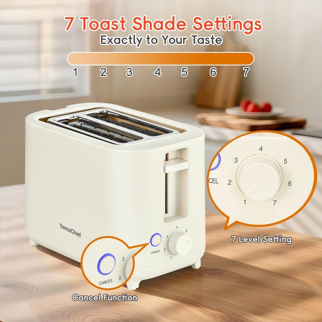 Compact 2 Slice Toaster by TomaChef, 700W with 7 Browning Settings and Removable Crumb Tray for Bread, Bagels and Waffles, Pitch-Black or Off-White