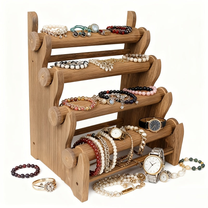 Wooden Bracelet Organizer, 4-Tier Vintage Jewelry Display Rack for Necklaces, Watches and Hair Ties, Desktop Storage for Dresser & Vanity