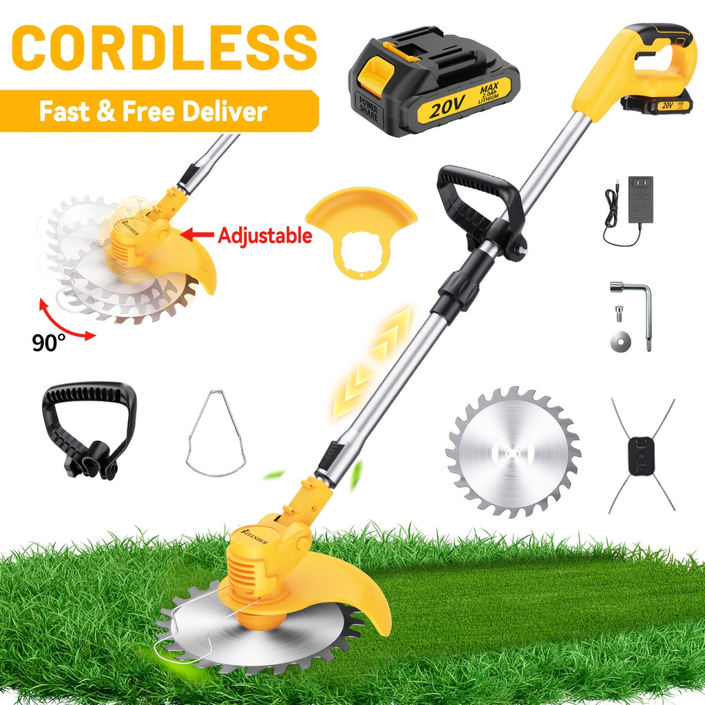 Cordless Electric Yard Weeder, Portable Lithium-Ion Battery Lawn and Garden Cutting Tool with Basic, Yellow or Purple One- and Two-Battery Options