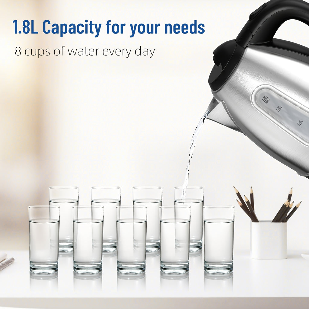 Water-Level Window Electric Kettle with Listed 1200W Power and 1.8L Capacity, Stainless Steel Model with Swivel Base, Auto Shut-Off and Boil-Dry Protection for Tea