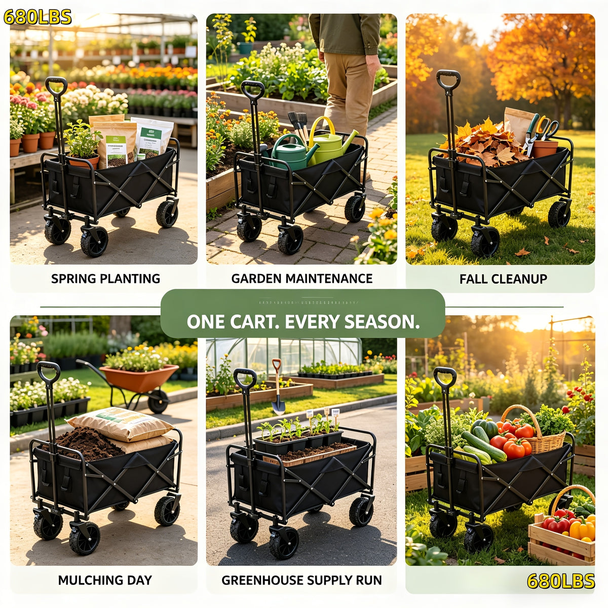 Camping Supply Folding Wagon Cart with Listed Five-Inch Tires, Collapsible Utility Carrier in Four Load-Labeled Options for Garden Gear, Beach Trips and Moving