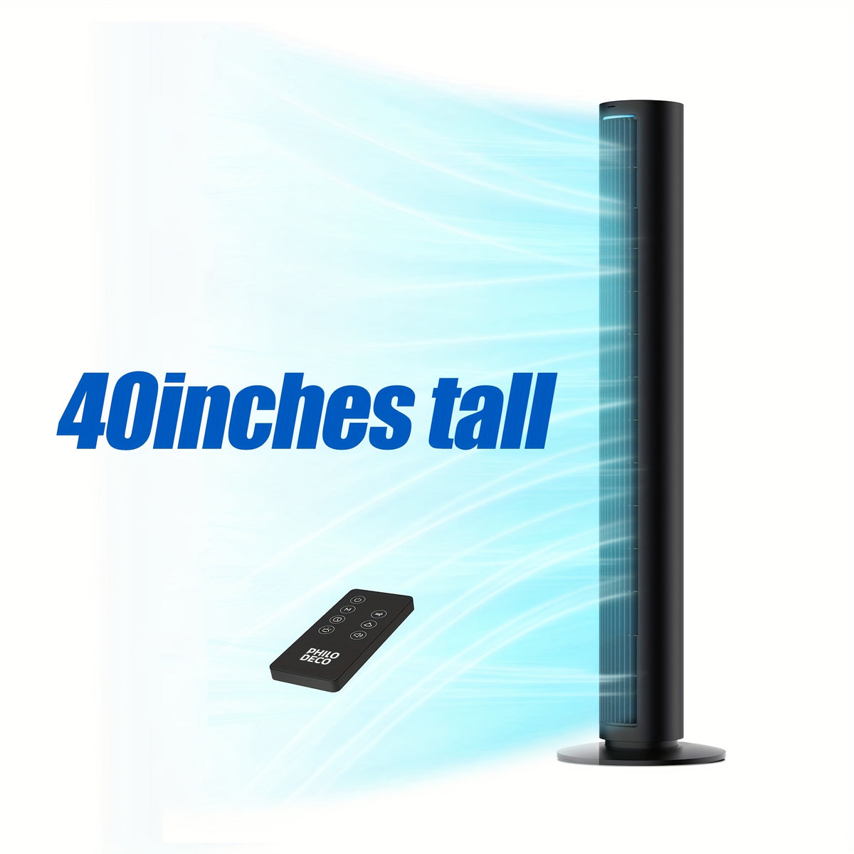 Oscillating Tower Fan in Black with 40-Inch Option Label, Listed Remote Control, Four Speeds, Timer and LED Display for Home Office and Living Room Airflow