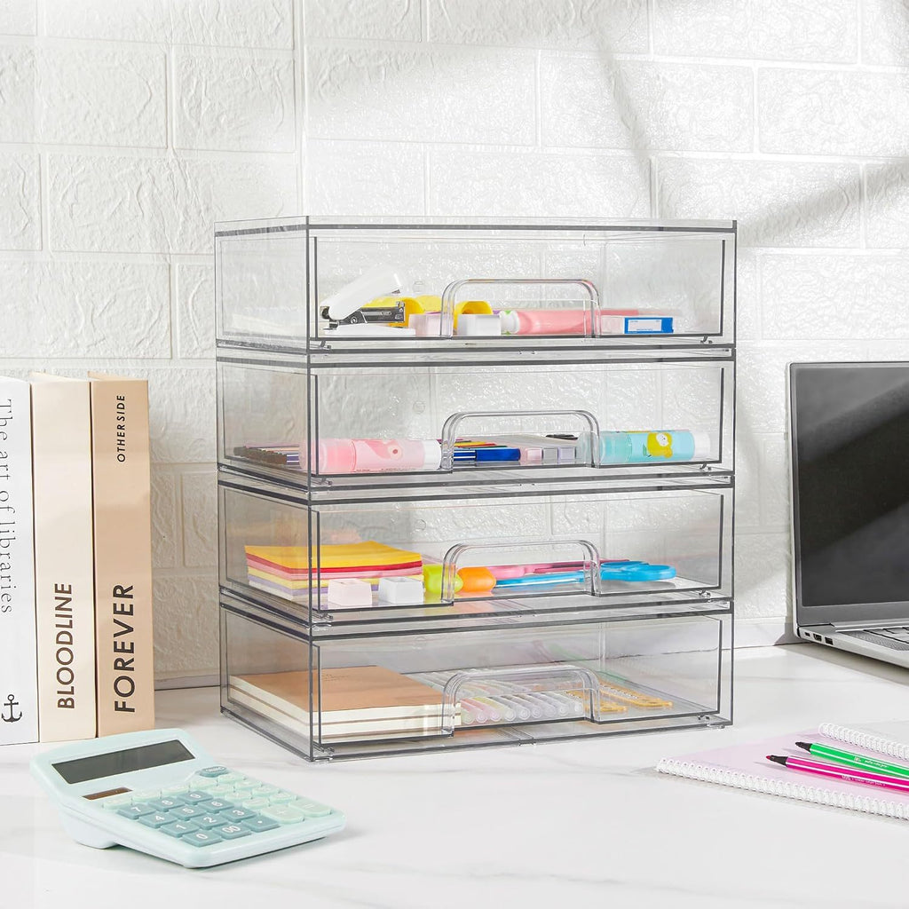 Clear Stackable Storage Drawers in Two-Pack Wide or Four-Pack Wide and High Options, Acrylic Desk Organizers for Office Supplies, Vanity Items and Art Materials