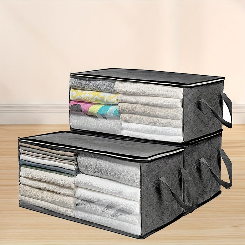 Windowed Clothes Storage Bags, Three-Piece Gray Foldable Organizer Set with Carry Handles for Suitable Blankets, Bedding, Pillows and Closet or Dorm Room Storage