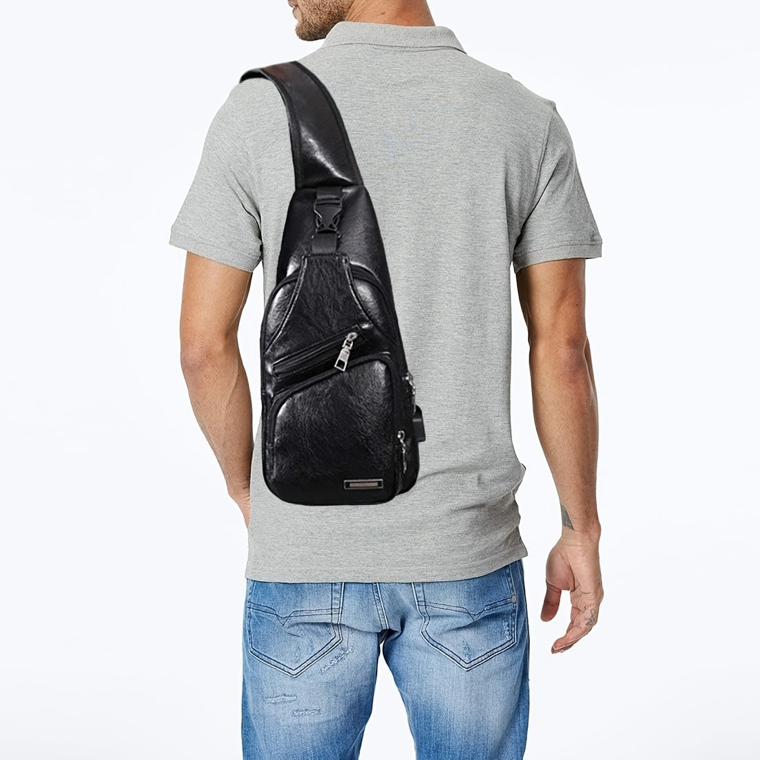 Faux Leather Sling Chest Bag with USB Port for Men and Women, Mini Single-Strap Crossbody Carry Bag in Black or Light Brown for Daily Outings and Travel