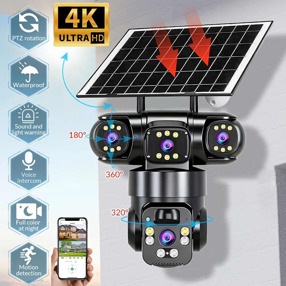 Solar WiFi Security Camera with Three-Lens Design, Listed 4K Pan-Tilt View, PIR Human Alerts and Two-Way Audio in Standard or Plus 32GB Package Labels