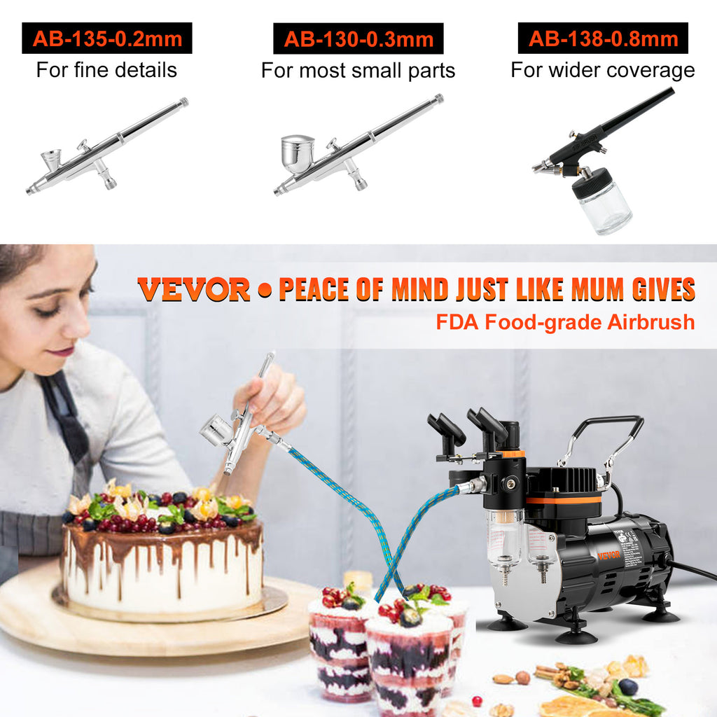 Compressor Airbrush Kit by VEVOR with Listed Dual-Action Gravity Feed Brushes, 0.2, 0.3 and 0.8mm Sizes and 120V 120W Power for Compatible Art and Model Painting