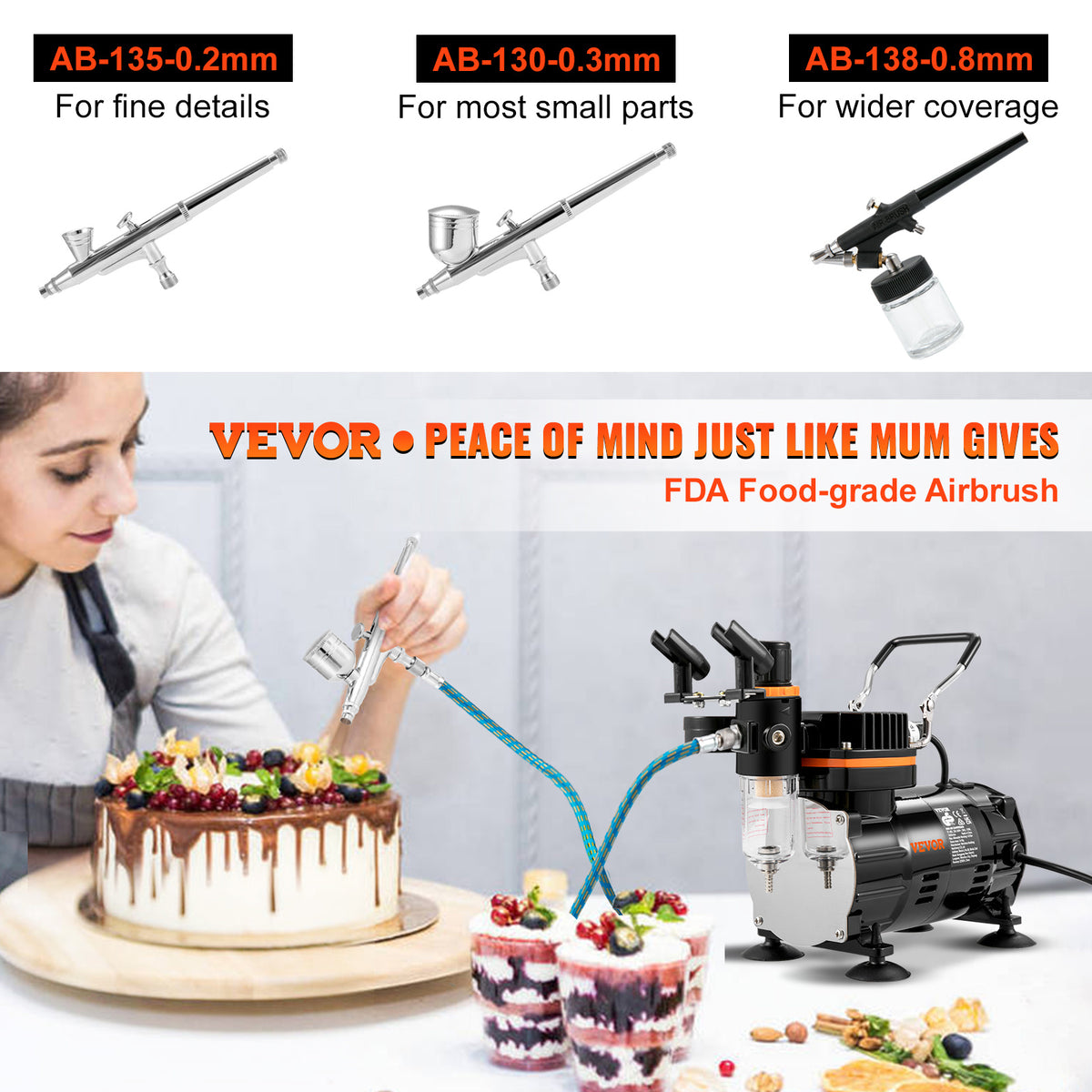 Compressor Airbrush Kit by VEVOR with Listed Dual-Action Gravity Feed Brushes, 0.2, 0.3 and 0.8mm Sizes and 120V 120W Power for Compatible Art and Model Painting