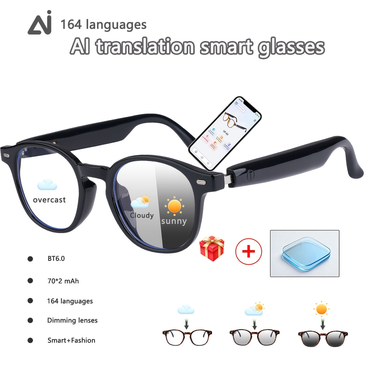 160 Language Translation Smart Glasses, AI Audio Glasses with ChatGPT, HD Calls & HiFi Music, Built-in Mic & Speaker, Photochromic Lenses, Real-Time Translator Eyewear for Travel, Meetings, Men & Women