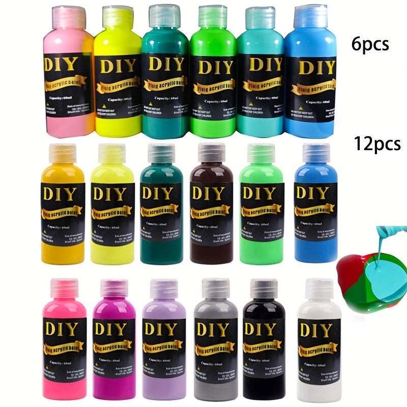 High-Gloss Fluid Acrylic Pour Paint Set with Six- or Twelve-Piece Options and Listed 2.03oz Bottles for Canvas, Plaster, Rock and Decorative DIY Art Projects
