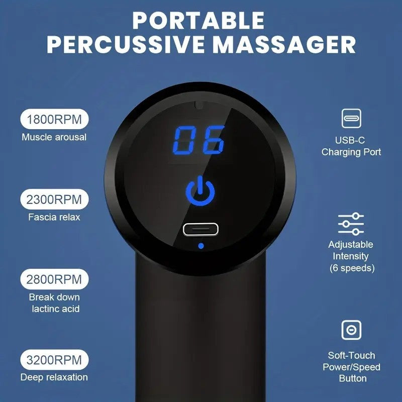 Six-Speed USB Rechargeable Massage Gun with Four Interchangeable Heads and Listed Lithium Battery, Black, Grey, Red or Green for Personal Massage Routines